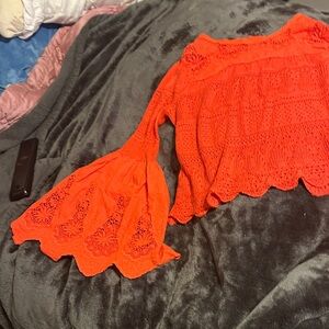 Free People Vibrant Orange Crochet Blouse